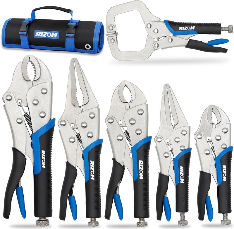 Rizom Vice Grips Pliers Set, 6-Piece Locking Pliers Set, 6-1/2”, 9-1/2” Needle Nose Vice Grips, 5”, 7” and 10” Curved Jaw Vise Grip, 6” C-clamp Locking Pliers, Fast Release with Rolling Pouch - Image 1